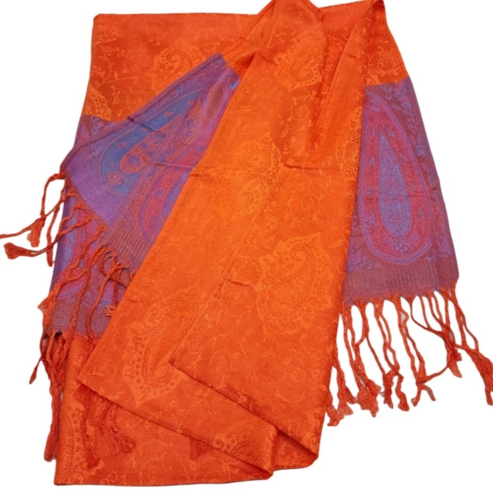 100% Pashmina Orange & Blue Paisley Shawl